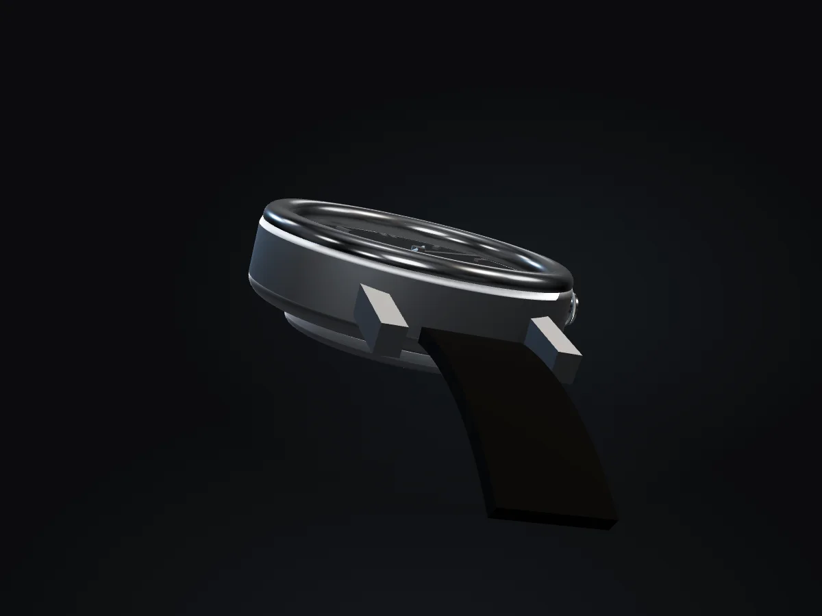 The Wristly smart patch, a slim brushed-titanium disc, shown at a three-quarter angle against a dark studio background.